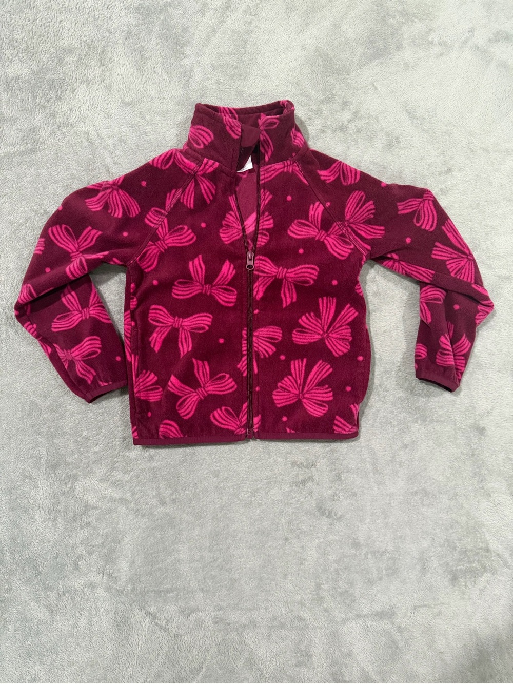 Wonder Nation Girls Bow Print Fleece Jacket Size XS 4-5 Pink Burgundy Full Zip